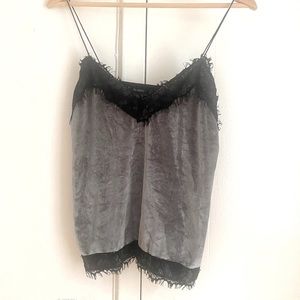 grey velvet top with lace detail